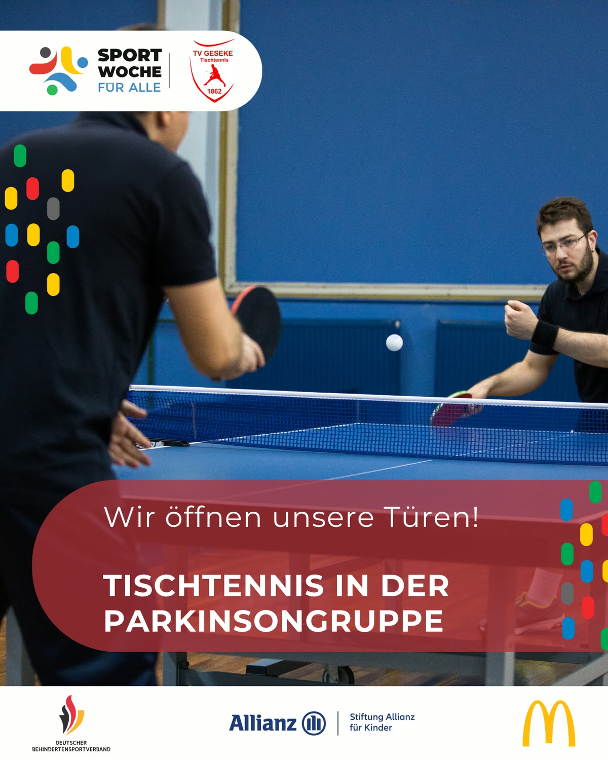 Zwei Menschen spielen Tischtennis; Motiv zur SportWoche für Alle und zur Parkinsongruppe des TV Geseke